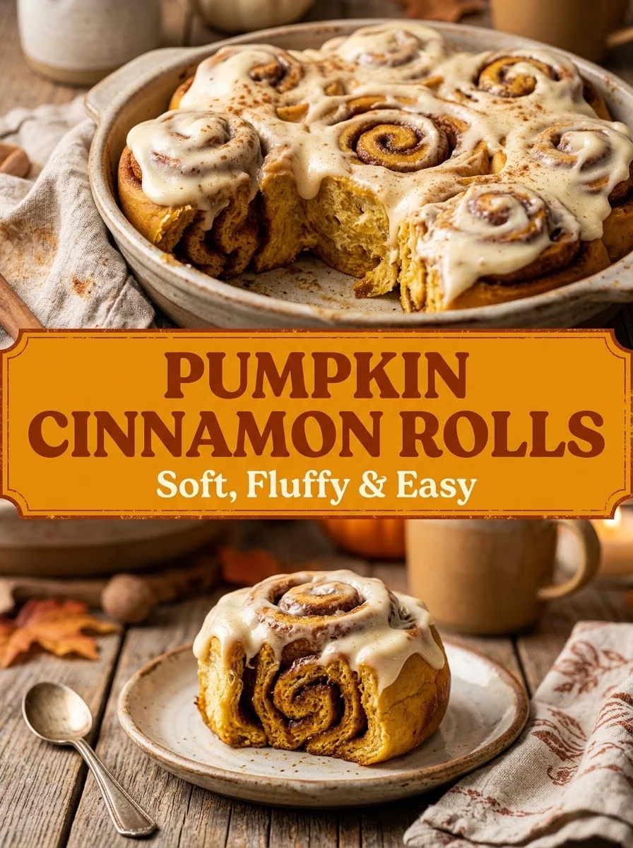 Soft fluffy pumpkin cinnamon rolls with cream cheese frosting, easy recipe