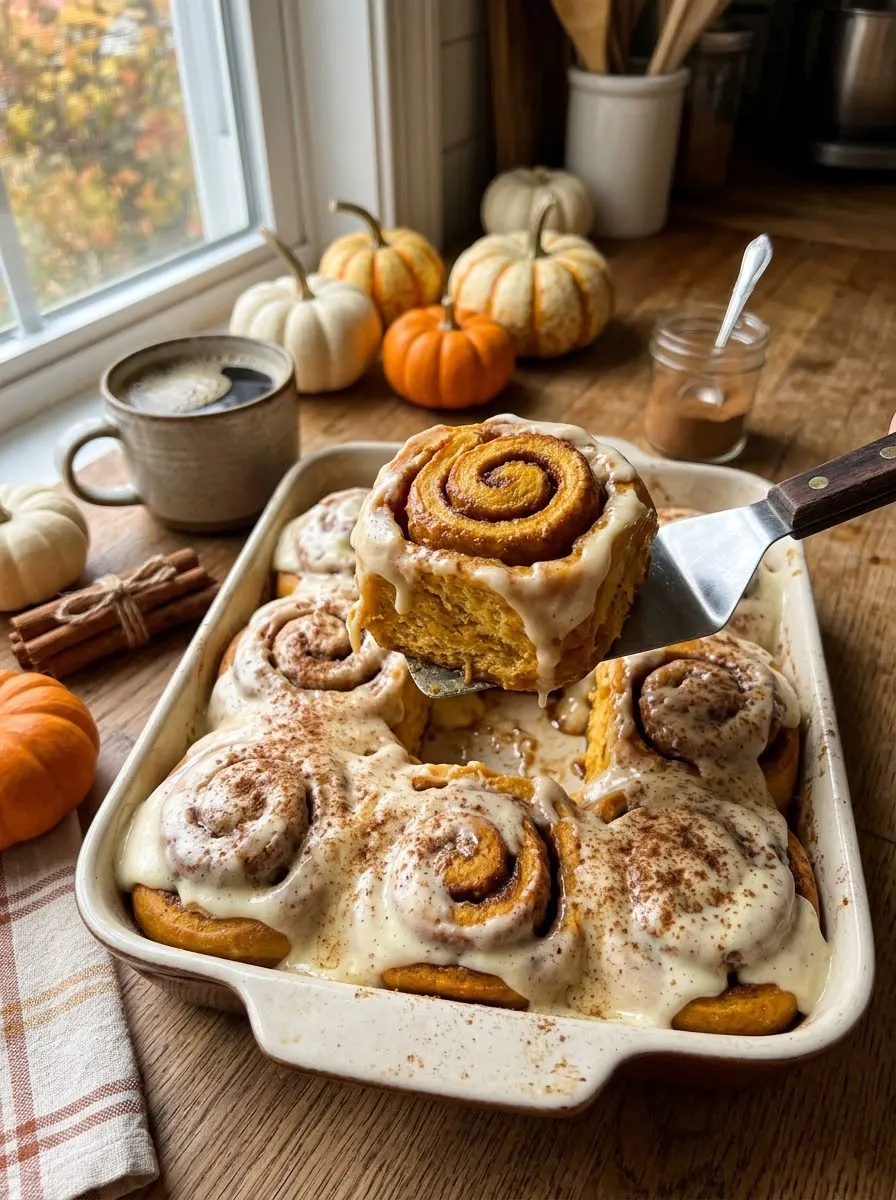 Pumpkin cinnamon rolls with cream cheese frosting in a baking dish, one lifted to show the swirl