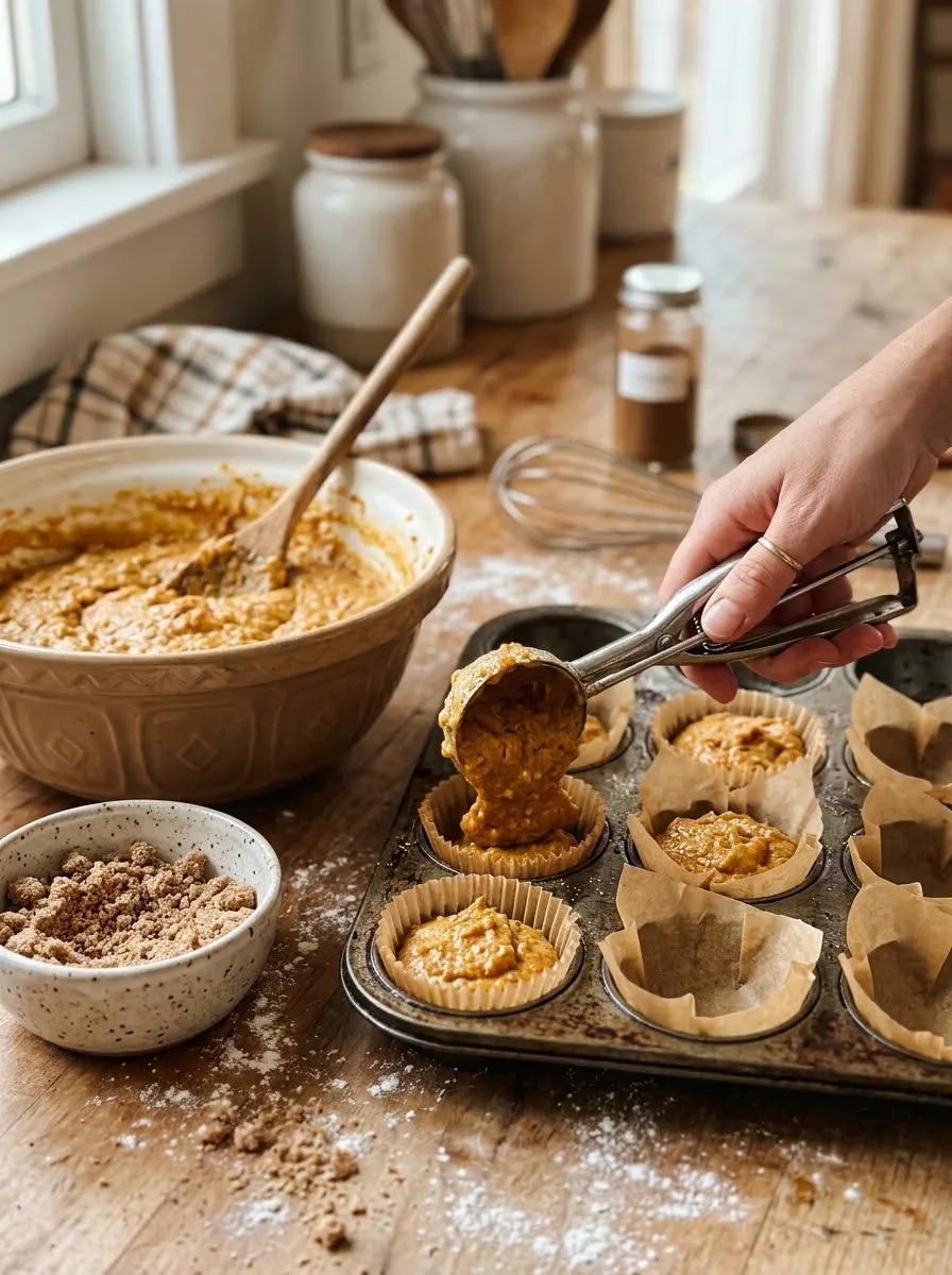 Scooping pumpkin muffin batter into paper liners with an ice cream scoop