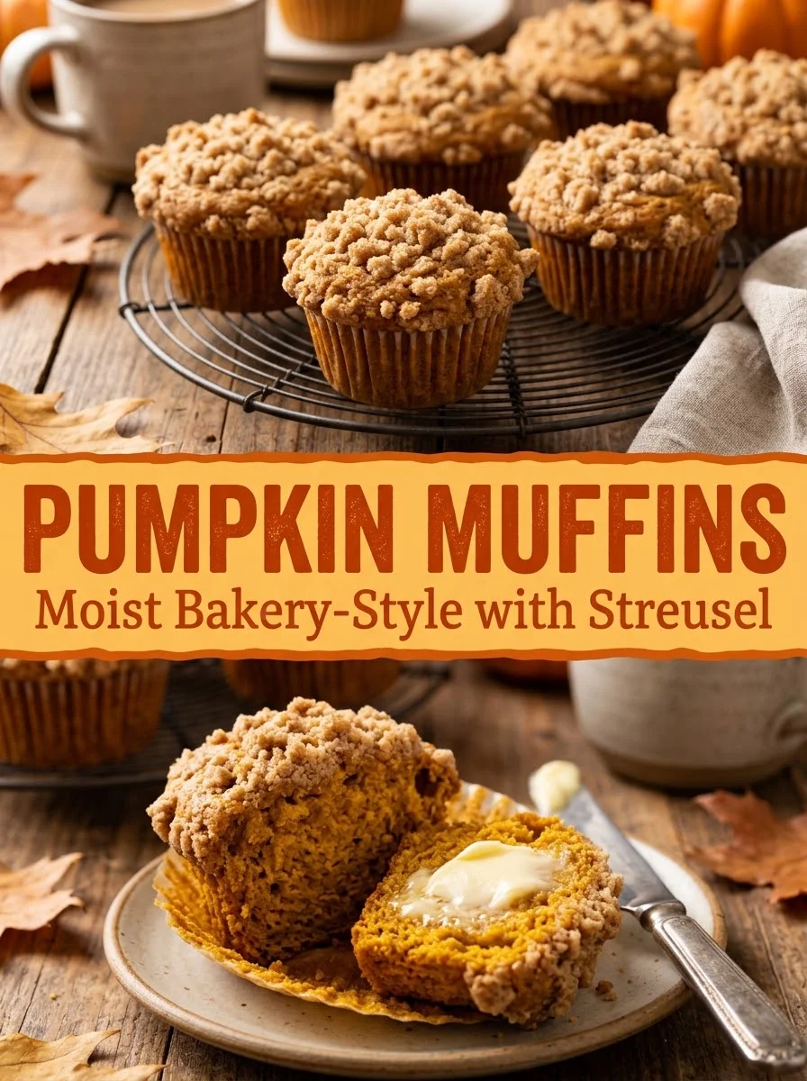 Moist bakery-style pumpkin muffins with streusel topping