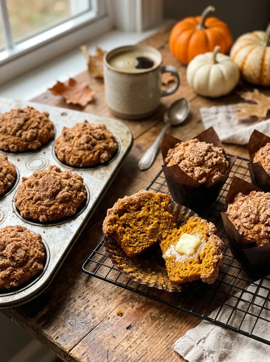 Pumpkin muffins with cinnamon streusel tops, one broken open to show a moist crumb