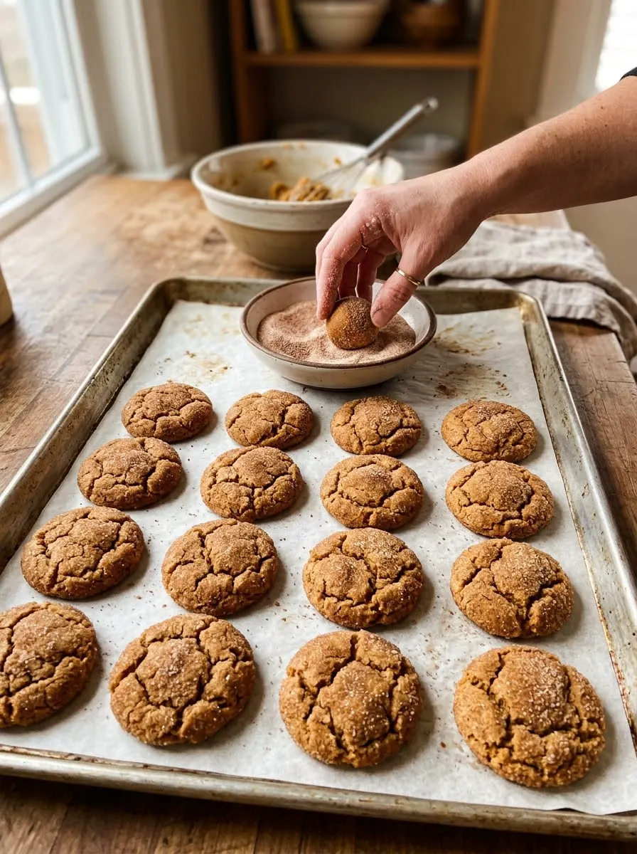 Pumpkin snickerdoodle cookies with cinnamon sugar on a baking sheet