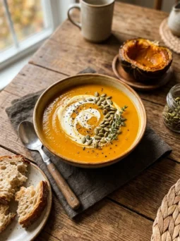 Bowl of creamy roasted pumpkin soup with a cream swirl, toasted pumpkin seeds and crusty bread