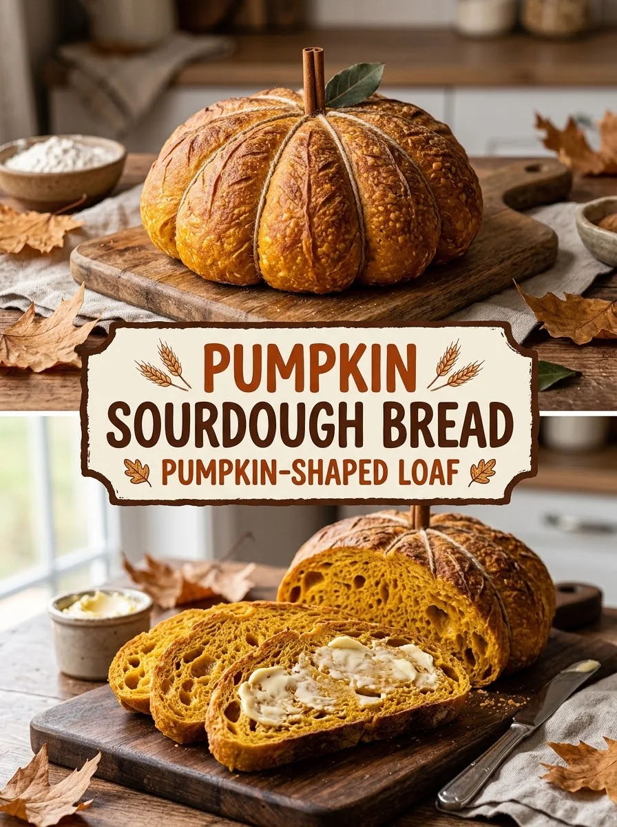 Pumpkin-shaped sourdough bread loaf recipe with sliced loaf and butter