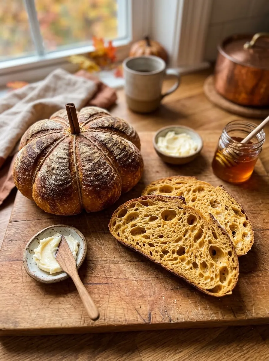 Pumpkin-shaped sourdough loaf with a cinnamon stick stem next to sliced pumpkin sourdough