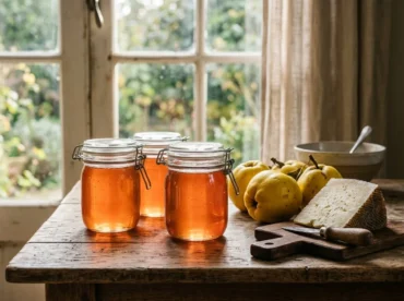 Jars of rosy quince jelly with fresh quinces