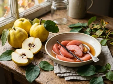Fresh quinces and a bowl of pink poached quince slices