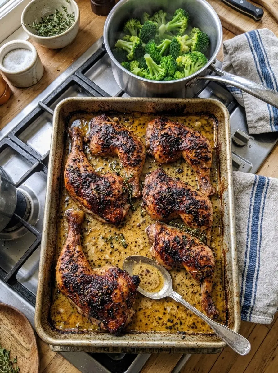 Roasted chicken legs with cracked pepper skin in peppercorn cream sauce on a sheet pan