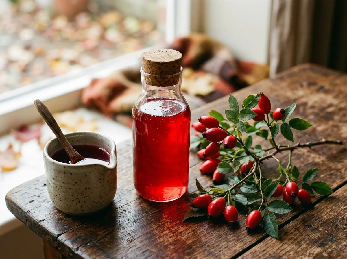 Homemade rosehip syrup in a glass bottle with fresh wild rosehips