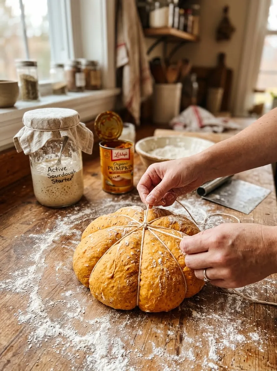 Tying kitchen twine around pumpkin sourdough dough to make pumpkin-shaped sections