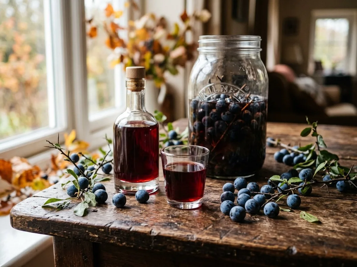 Homemade sloe vodka in a glass bottle with a jar of steeping sloes