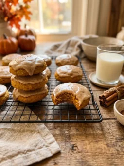 Soft pumpkin cookies with brown butter maple icing on a cooling rack