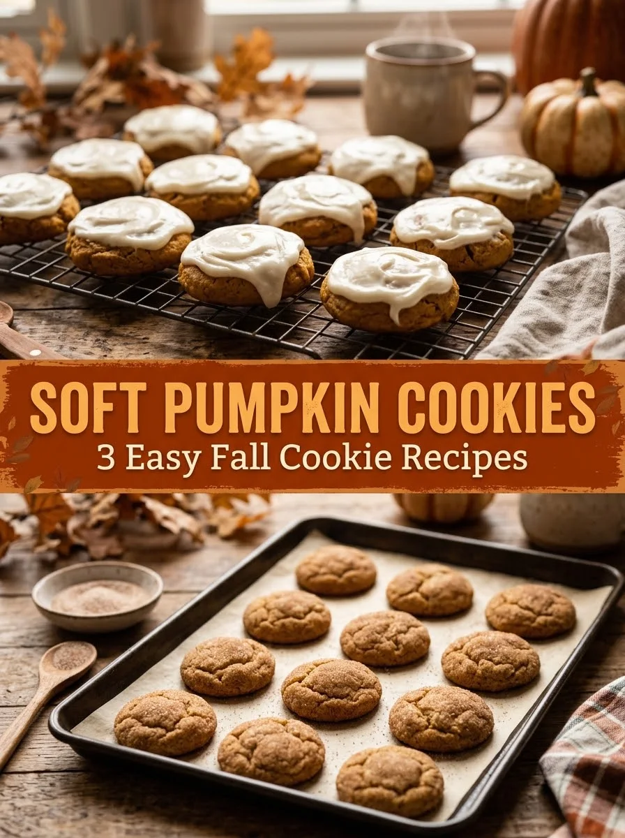 Soft pumpkin cookies with icing and pumpkin snickerdoodles, easy fall cookie recipes