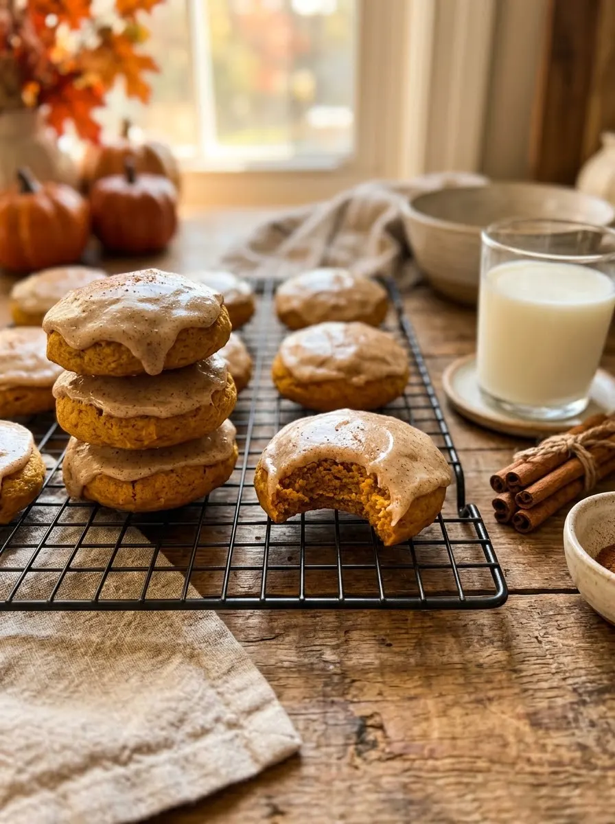 Soft pumpkin cookies with brown butter maple icing on a cooling rack