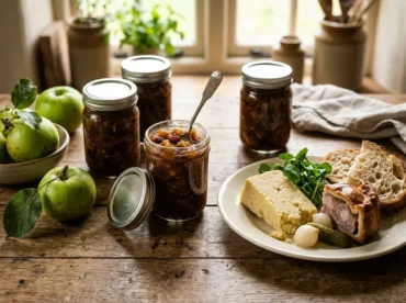 Jars of spiced apple chutney with a ploughmans lunch