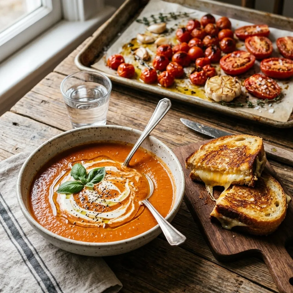 Roasted tomato soup made with fresh tomatoes, with grilled cheese