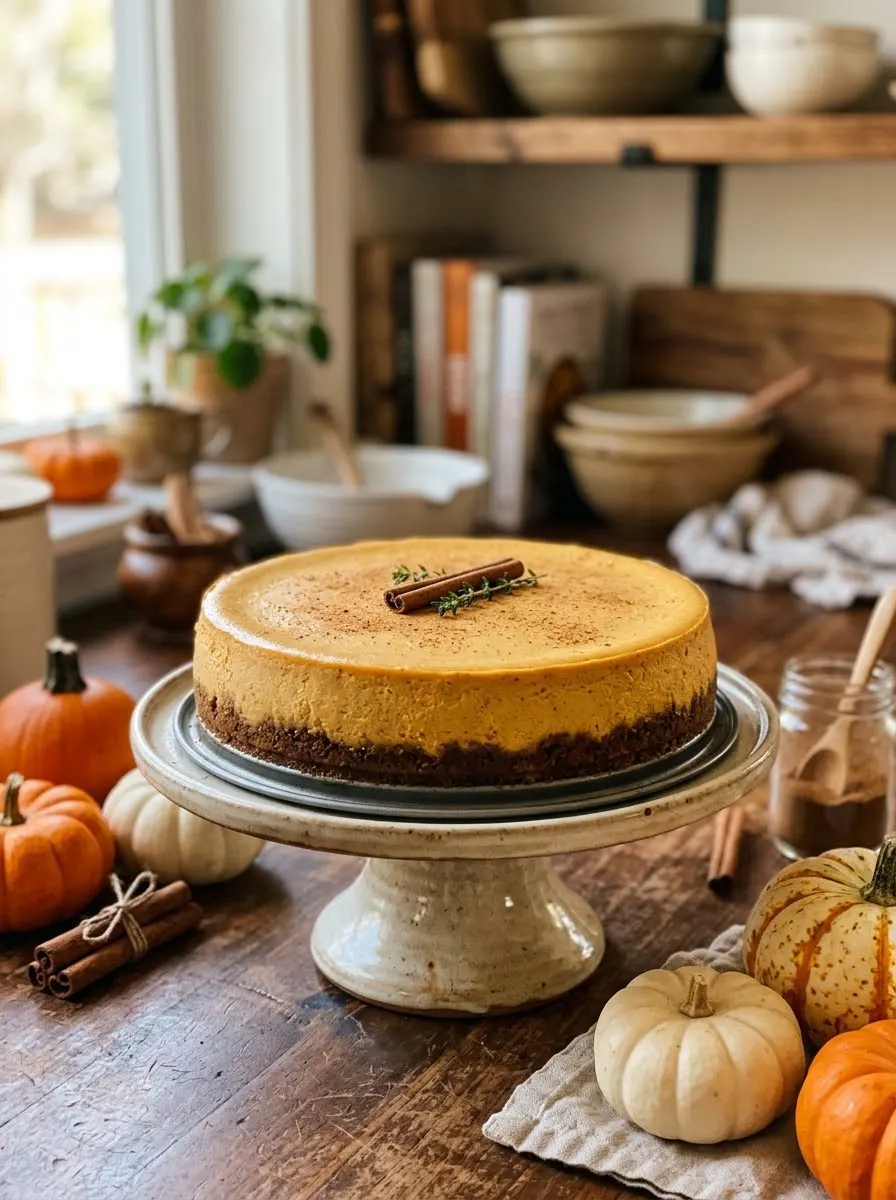 Whole pumpkin cheesecake with a smooth crack-free top on a cake stand