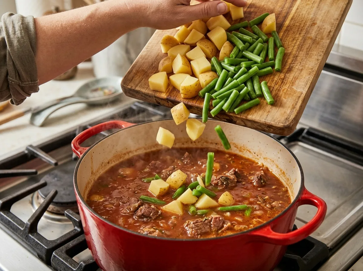 Adding cubed Yukon gold potatoes and green beans to a Dutch oven of vegetable beef soup
