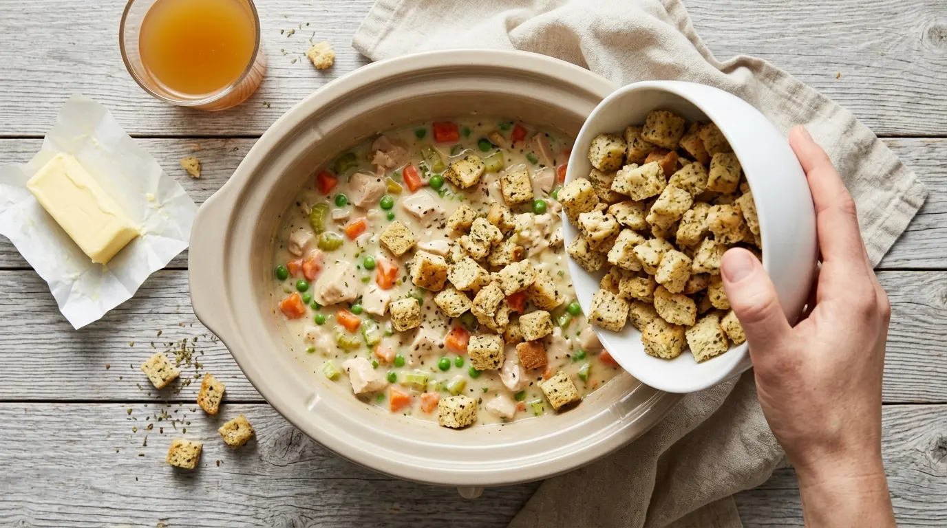 Hand pouring buttered stuffing mix over creamy chicken and vegetables in a slow cooker before cooking