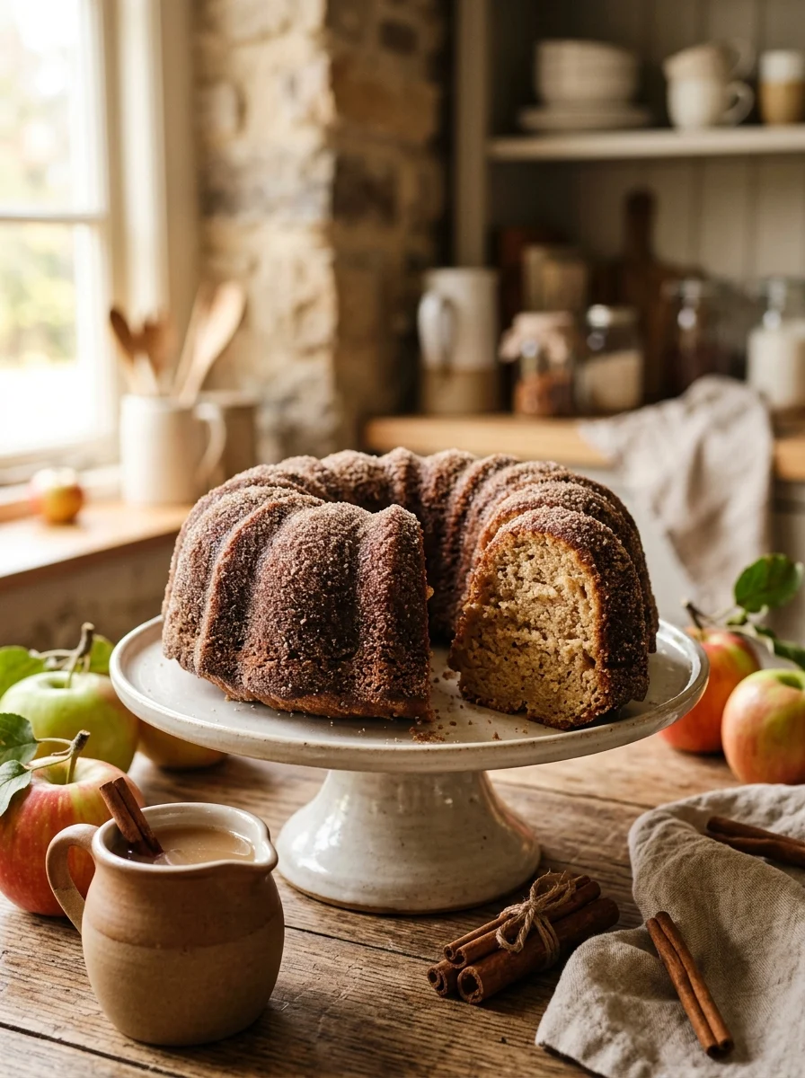 Apple cider donut cake coated in cinnamon sugar on a cake stand with a slice cut