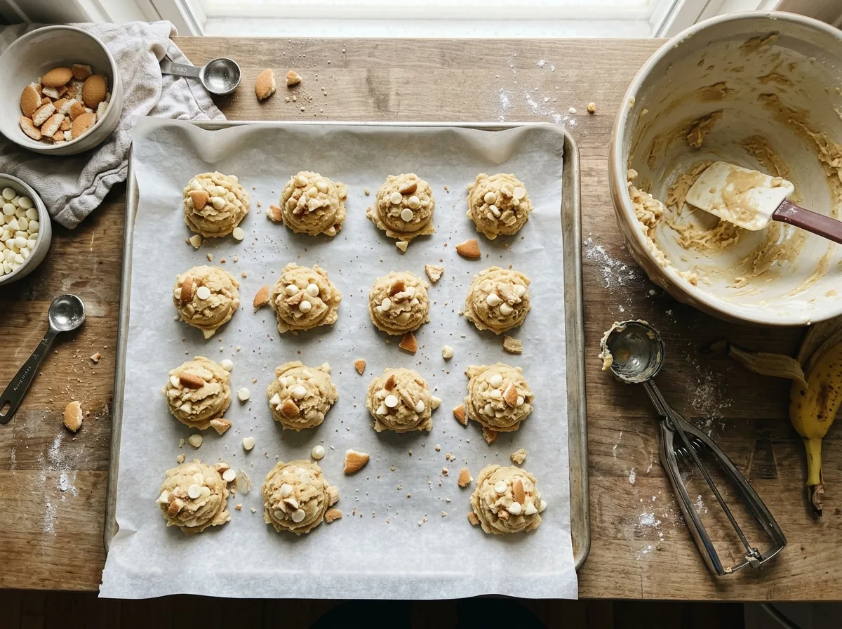 Scooped banana pudding cookie dough balls with white chocolate chips on a parchment-lined baking sheet