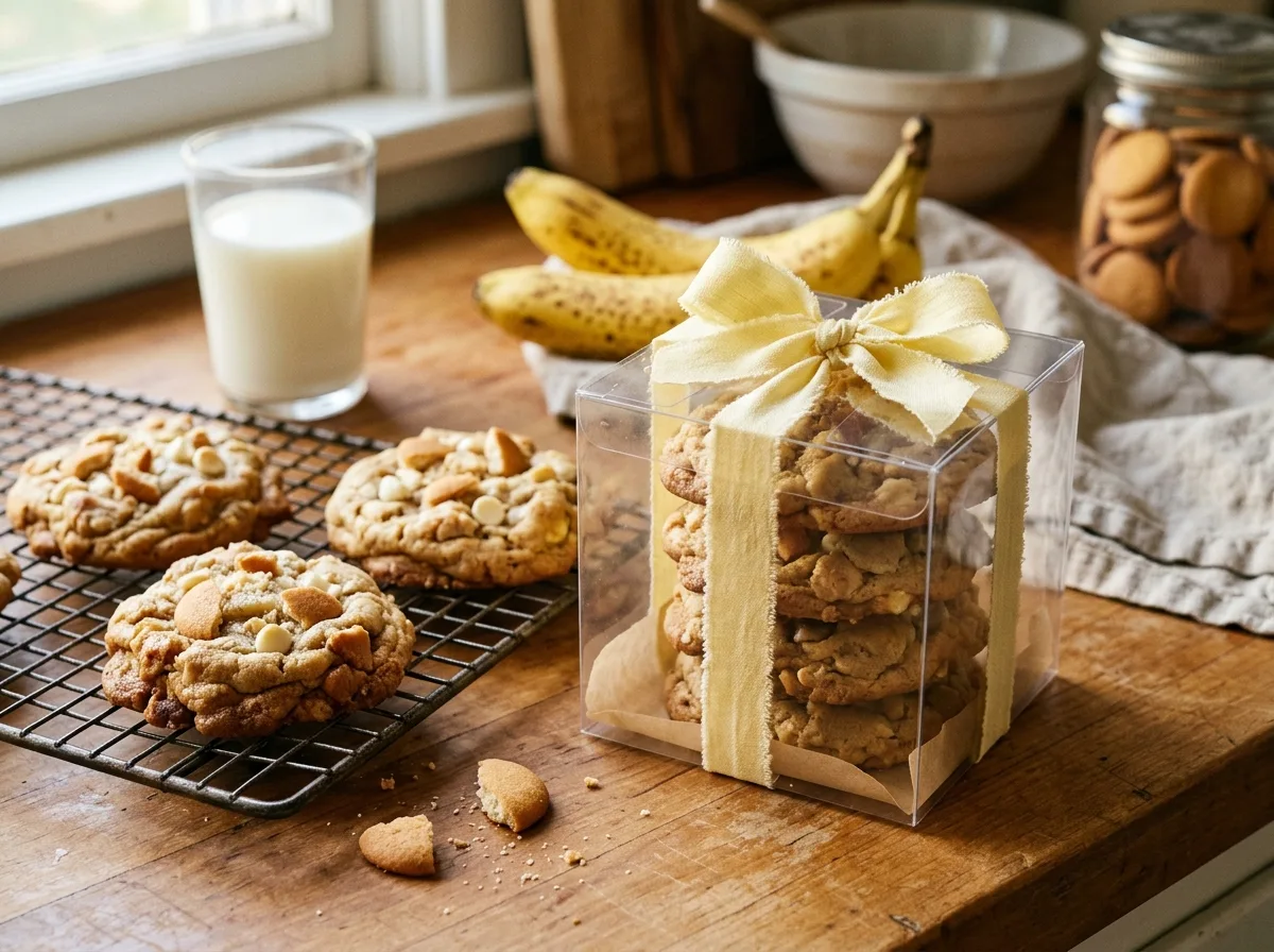 Banana pudding cookies packed in a gift box with a ribbon next to a cooling rack and a glass of milk