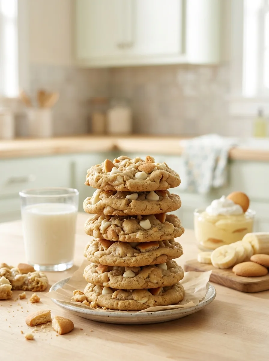 Tall stack of banana pudding cookies with a glass of milk and banana pudding in the background