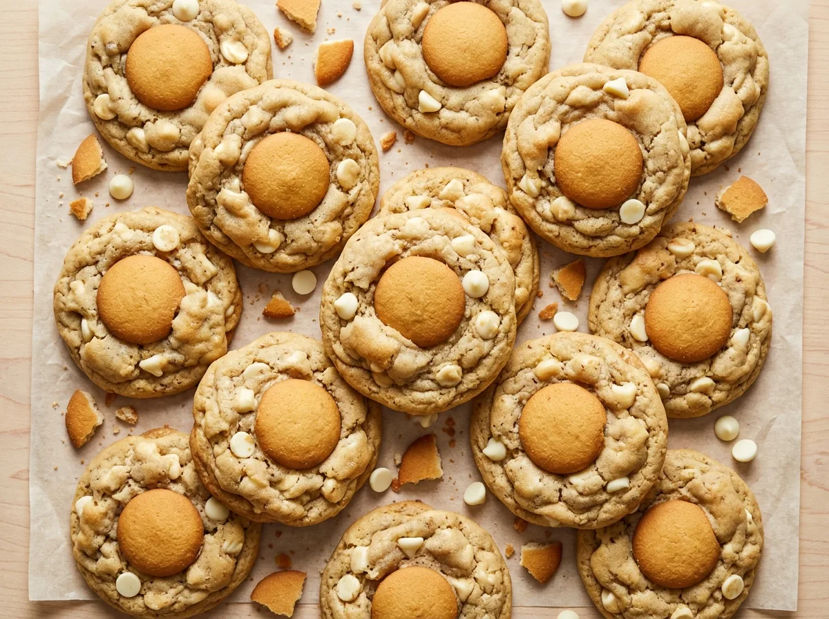 Soft banana pudding cookies topped with vanilla wafers and white chocolate chips on parchment paper