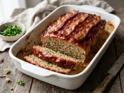 Bill Blass meatloaf with chili sauce glaze and bacon in a white baking dish, two slices cut