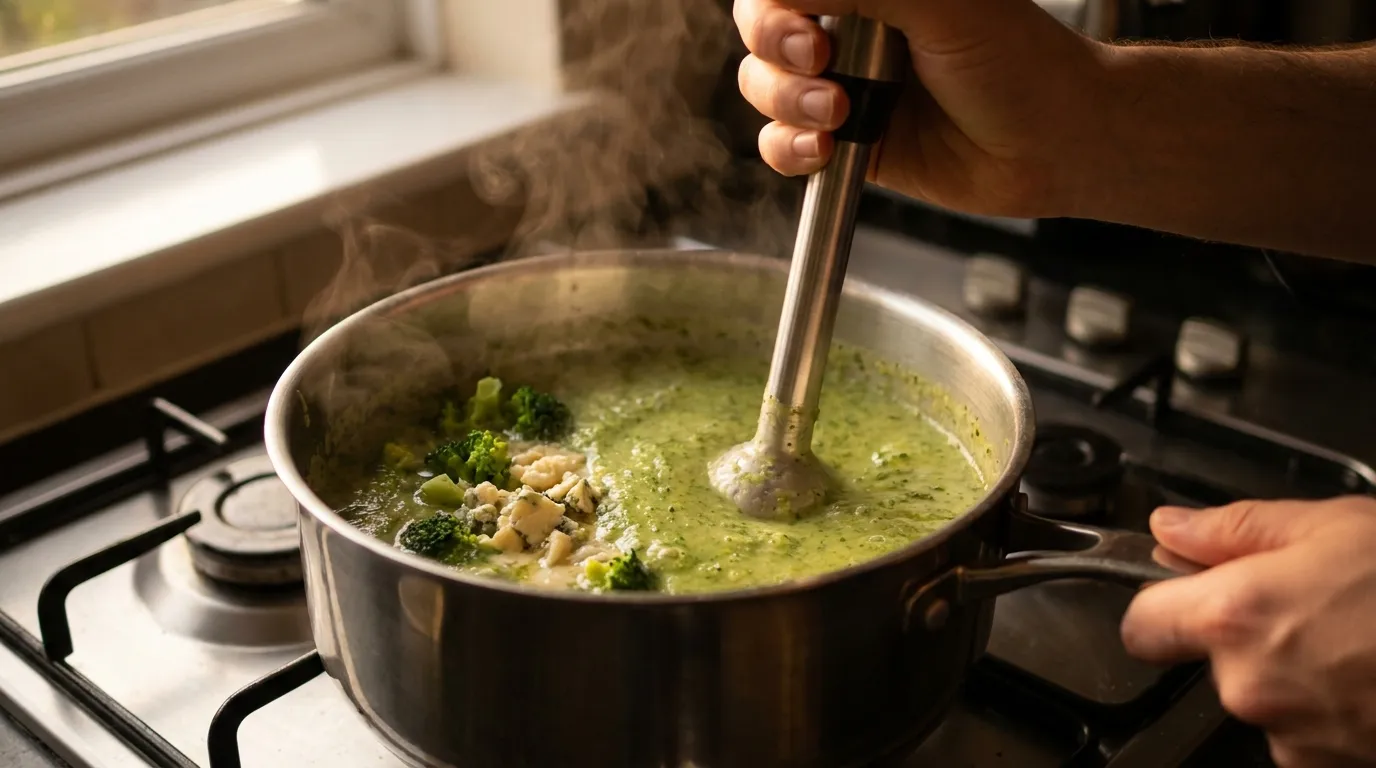 Blending frozen broccoli soup with a stick blender in a saucepan