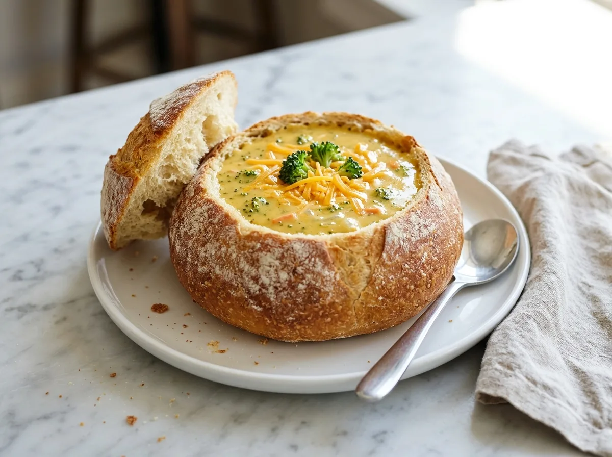 Broccoli cheddar soup served in a sourdough bread bowl