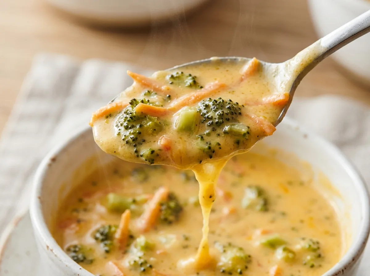 Spoonful of thick broccoli cheddar soup with tender broccoli and carrots