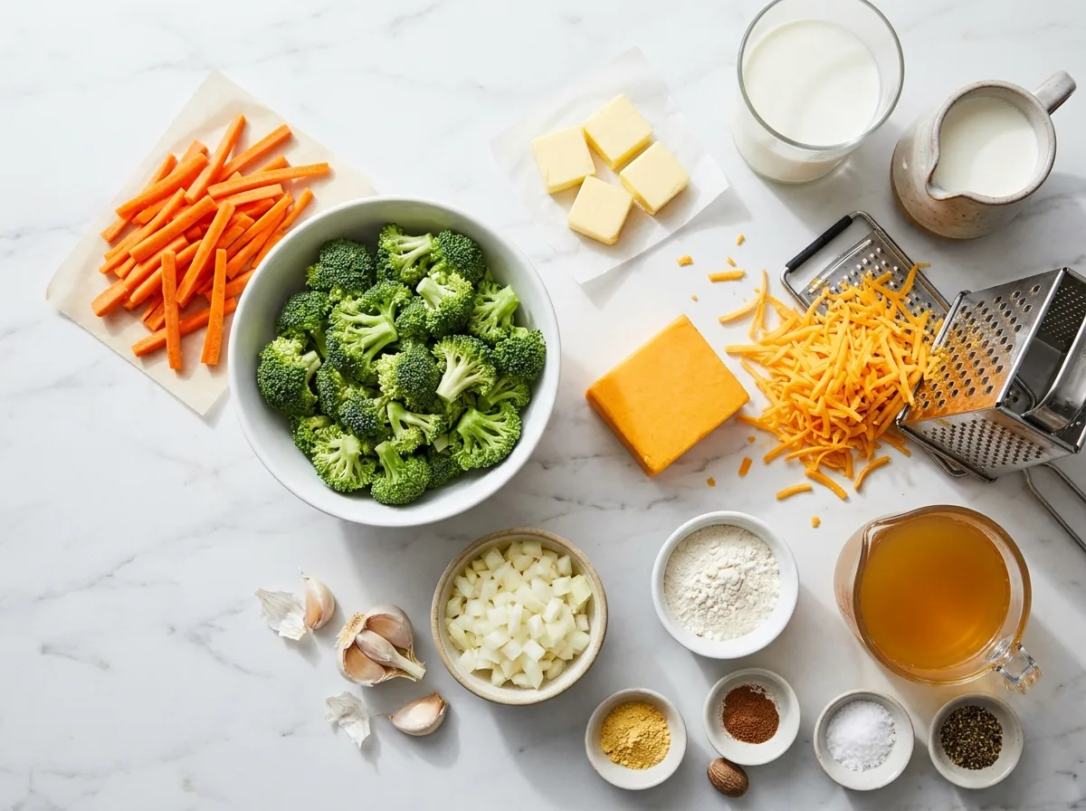 Ingredients for broccoli cheddar soup: broccoli, carrots, sharp cheddar, milk, half-and-half, butter, onion and flour