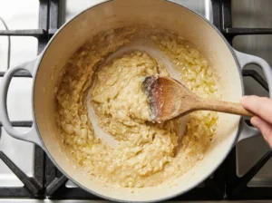Stirring flour into butter and onions to make a roux for broccoli cheddar soup