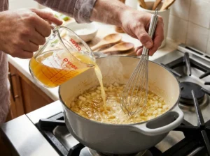 Whisking broth into the roux for broccoli cheddar soup