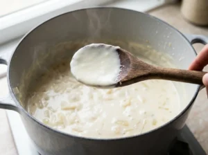 Creamy soup base coating the back of a wooden spoon