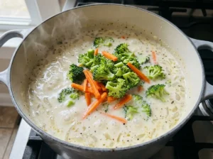 Broccoli florets and carrots added to the creamy soup base