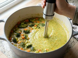 Partly blending broccoli soup with an immersion blender