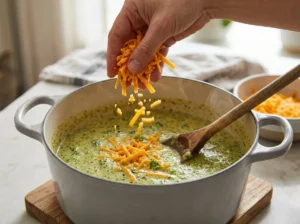 Adding freshly shredded cheddar to broccoli soup off the heat