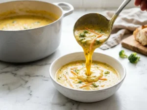 Ladling broccoli cheddar soup into a white bowl