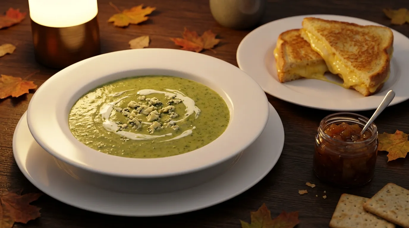 Broccoli and Stilton soup in a white bowl served with a cheese toastie and pear chutney