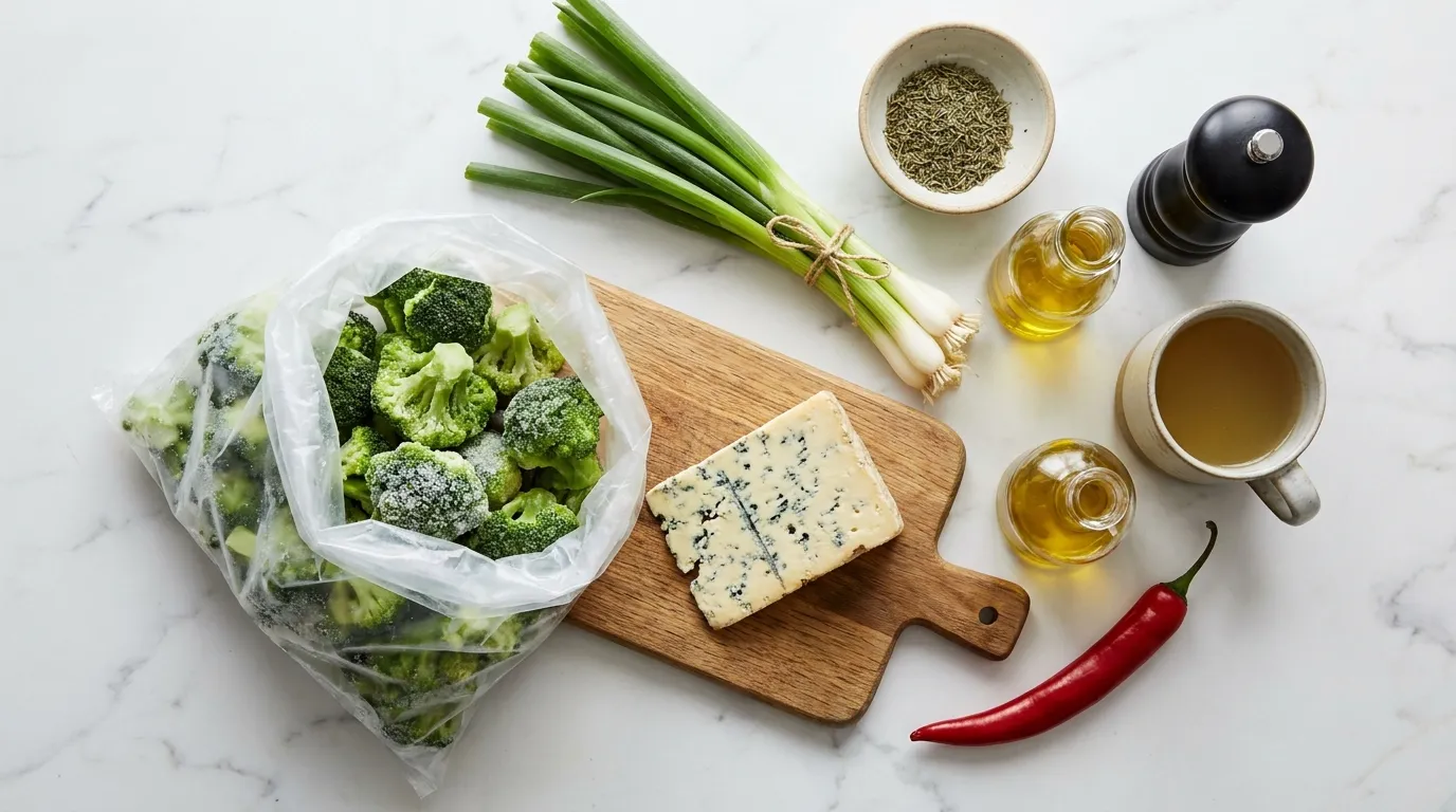 Ingredients for broccoli and Stilton soup: frozen broccoli, Stilton, spring onions, garlic oil and thyme