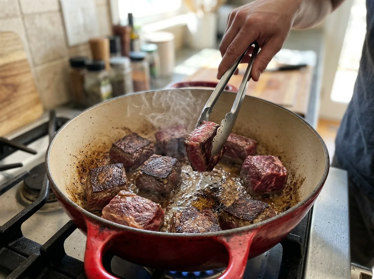 Chuck roast cubes browning in a red Dutch oven with tongs for vegetable beef soup
