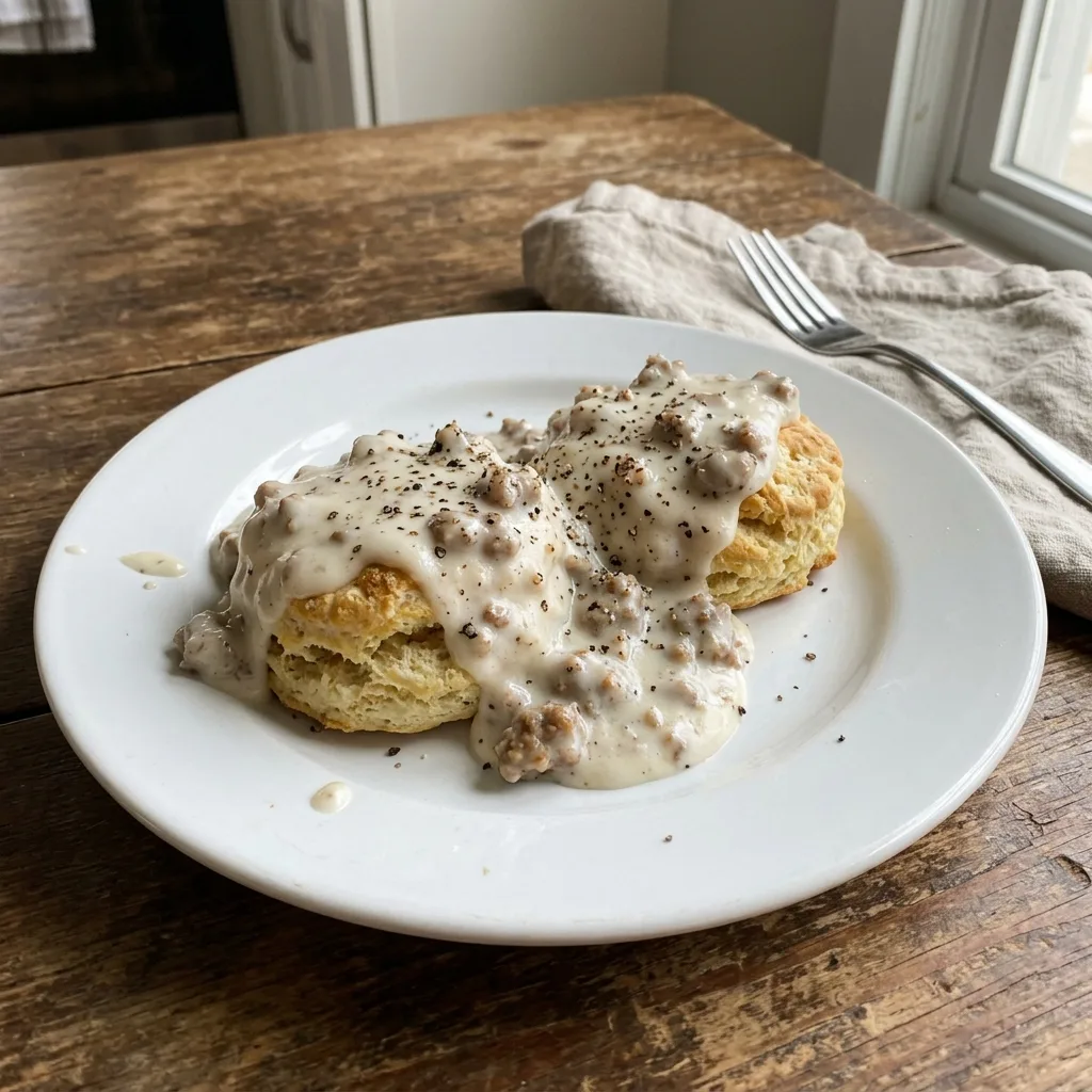 Homemade sausage gravy over split buttermilk biscuits on a white plate, reheated from frozen