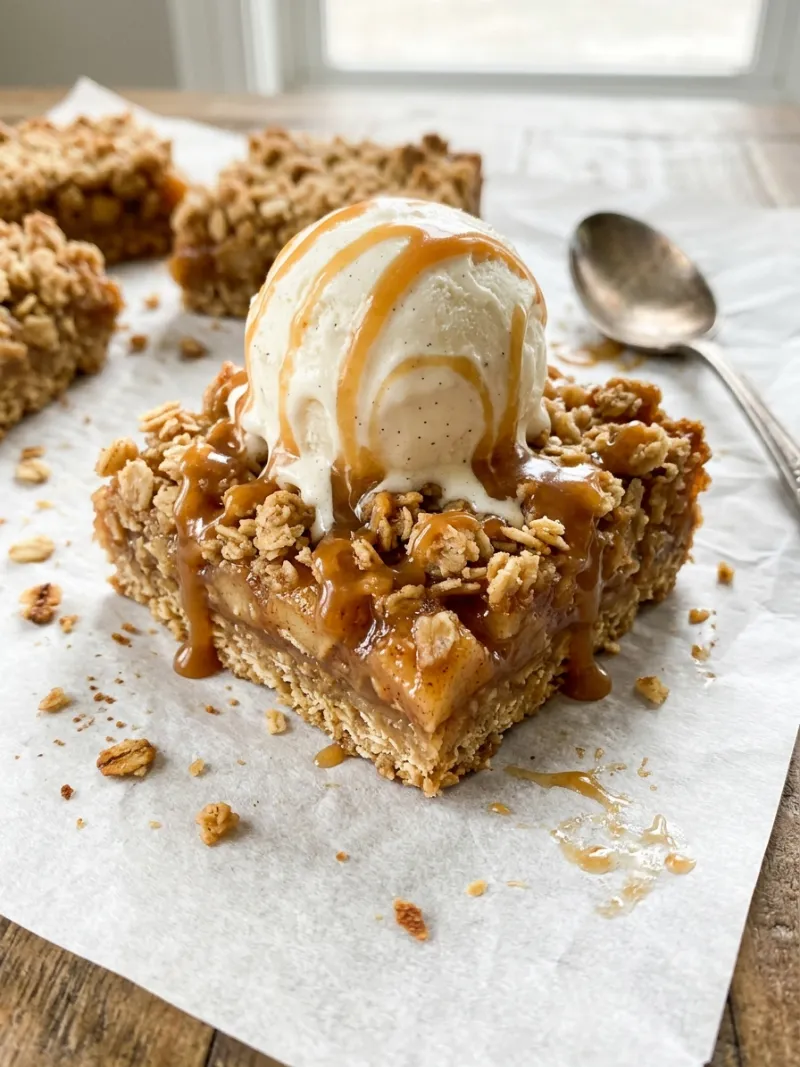 Caramel apple bar topped with vanilla ice cream and caramel sauce