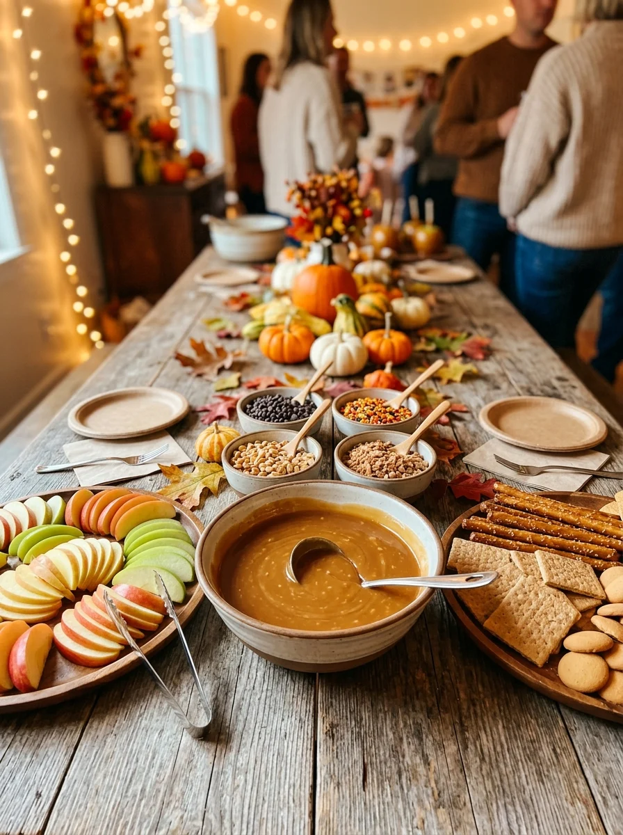 Fall party caramel apple bar with dip, apple slices, pretzels and topping bowls
