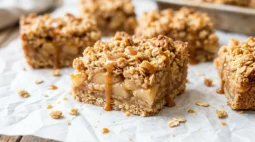 Caramel apple bars with oatmeal crumble and caramel drizzle cut into squares on parchment