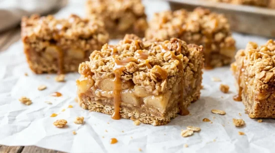 Caramel apple bars with oatmeal crumble and caramel drizzle cut into squares on parchment