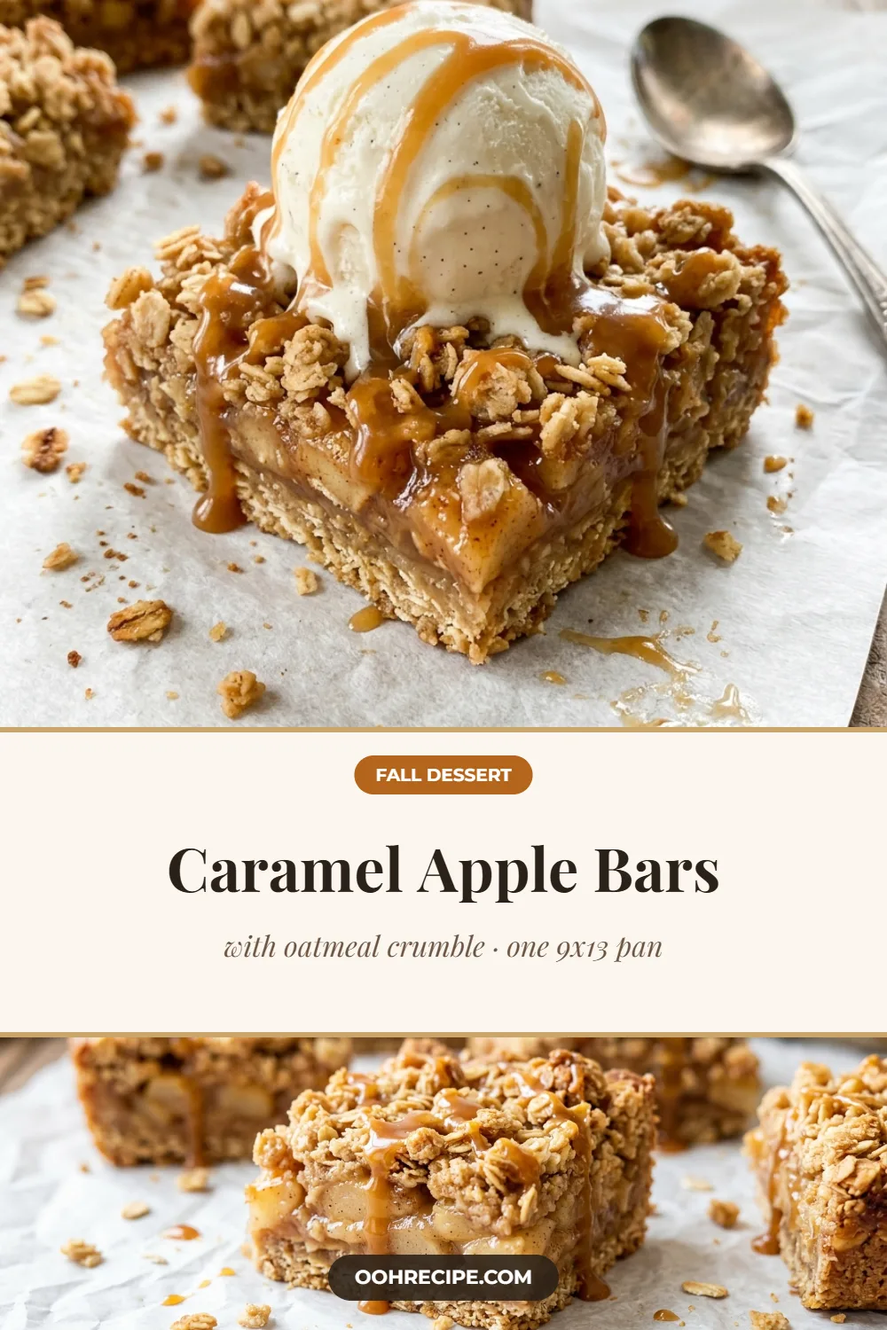 Caramel apple bars with oatmeal crumble topped with ice cream and caramel