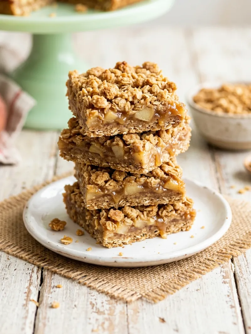 Stack of caramel apple bars showing the oat crust and baked apple filling on a white plate